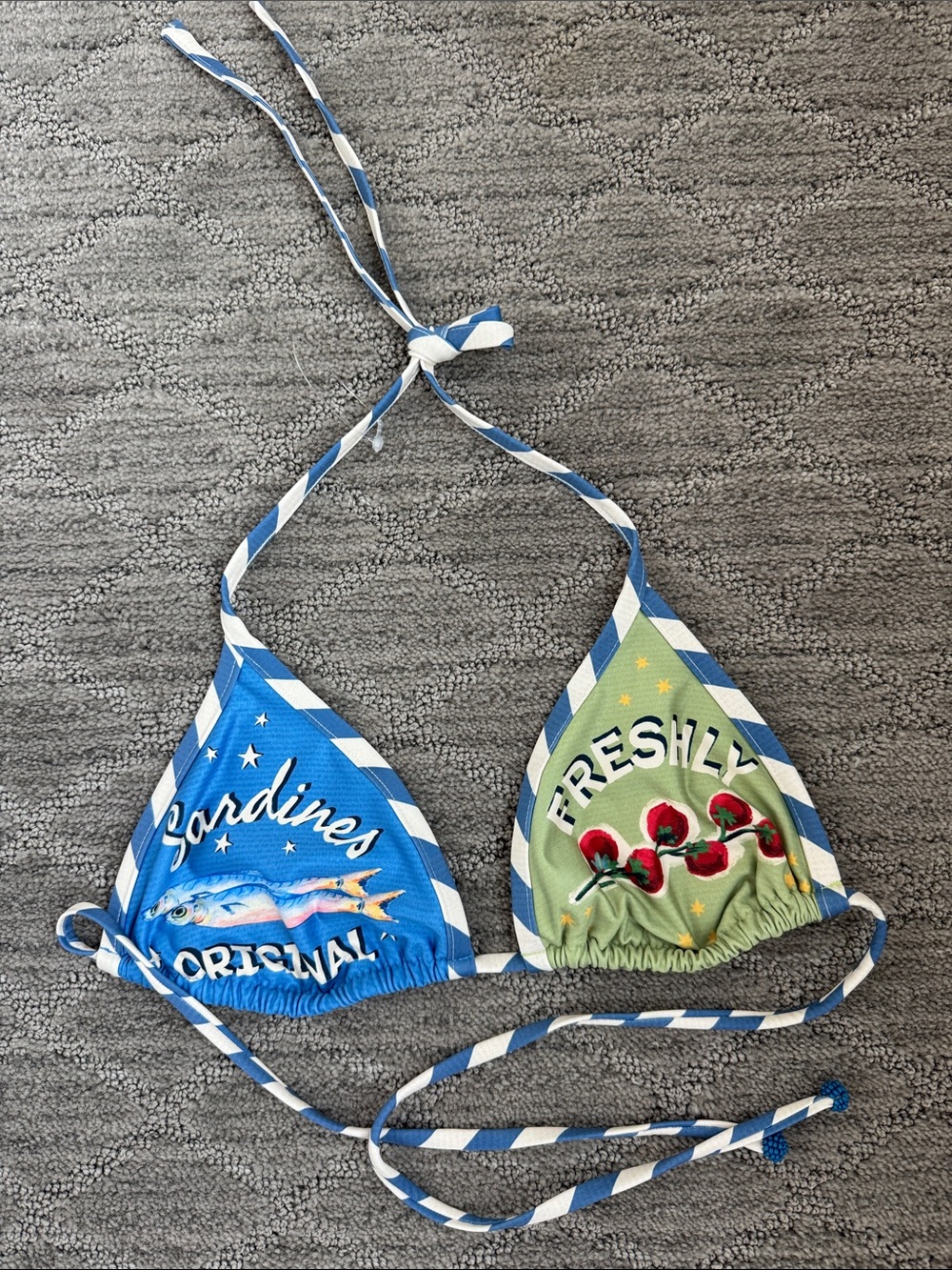Agua Bendita Blue & Green Graphic Triangle Bikini Top with Red Accent